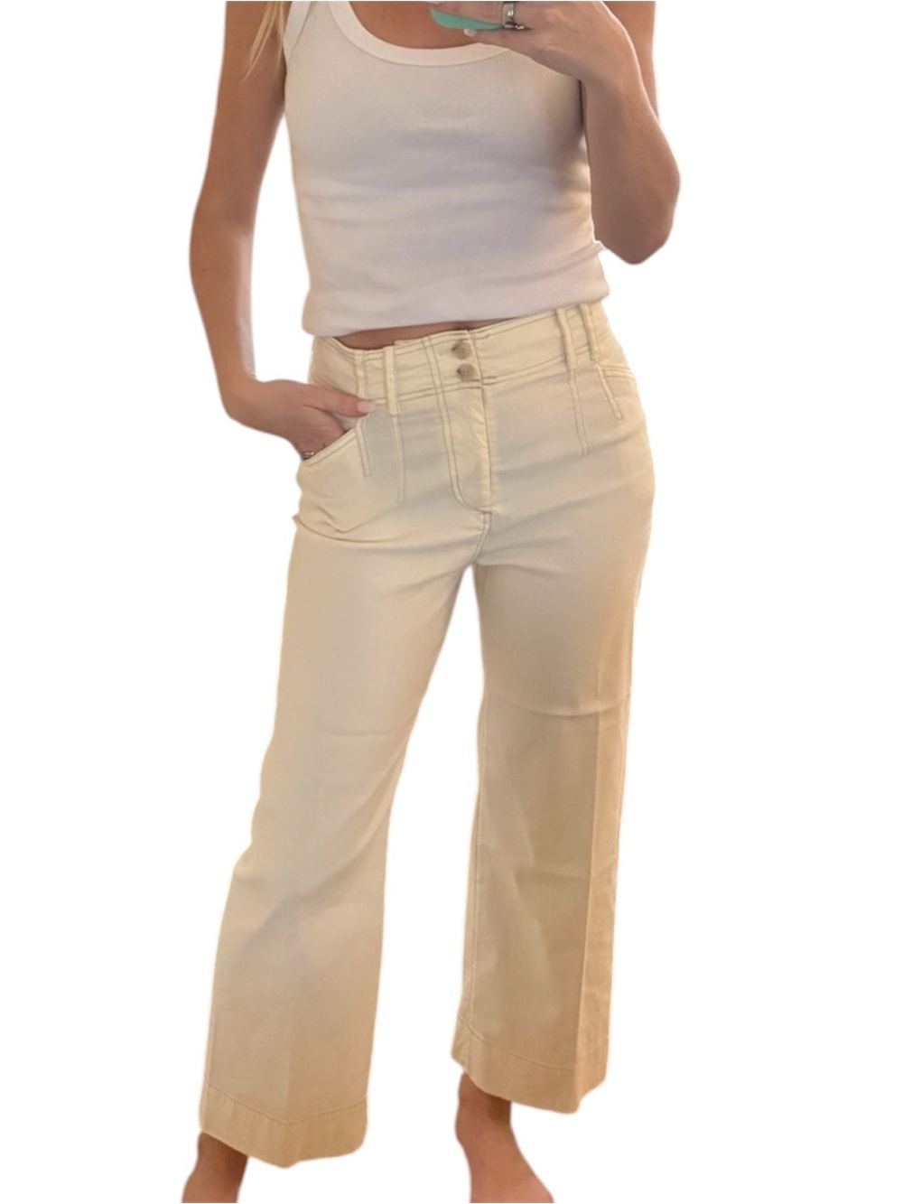 Anthropologie Wide‑Leg Cream Crop Pants Size 26 | High Waist | Contrast Stitch